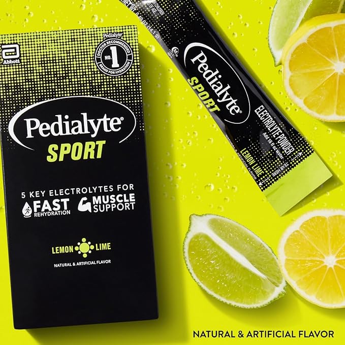 Pedialyte Sport Electrolyte Powder, Fast Hydration with 5 Key Electrolytes for Muscle Support Before, During, & After Exercise, Lemon Lime, 0.49-oz Packets (36 Count)