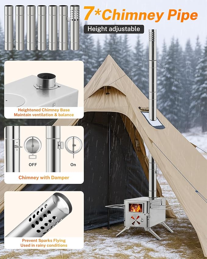 Gonex Portable Wood Stove Stainless Steel Wood Burning Hot Tent Camping Stove with Chimney Pipes & Gloves for Outdoor, Tent, Shelter, Heating, Cooking (15"X7.7")