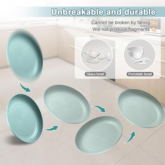 12 Pcs Unbreakable Deep Dinner Plates Set, 10 inch Reusable Plastic Wheat Straw Plates, Microwave and Dishwasher Safe Plate for Kitchen, Lightweight Plate for Dessert, BPA Free, 6 Colors