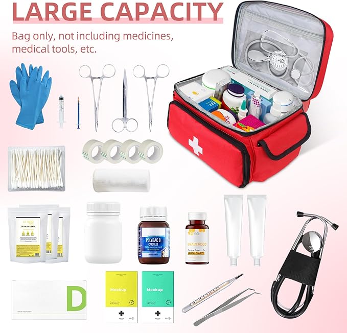 First Aid Bag Empty First Aid Kit Storage Bag Small Medical Bag Portable Medical Supplies Organizer for Travel, Home, Office, Car, Outdoor, Camping, Hiking, School (Red)