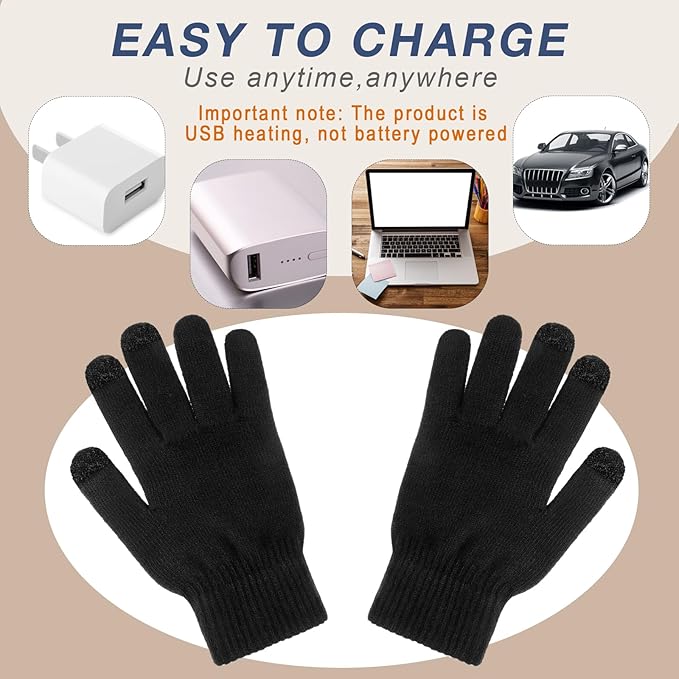 Bencailor 2 Pairs Usb Winter Heated Gloves Mitten Hand Washable Knitting Touchscreen Laptop Gloves