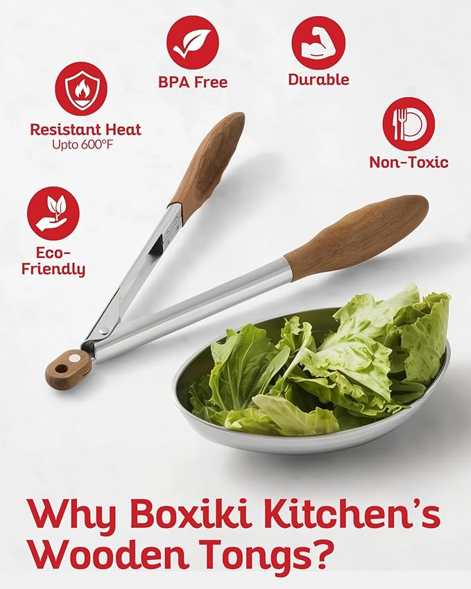 Boxiki Kitchen Wooden Tongs for Cooking - Nonstick Kitchen Salad Tongs for Serving Food, Grilling, Cooking, BBQ and Tossing Salad - Made of Natural Walnut Wood, Size 12-inch