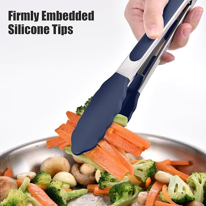Doosu Kitchen Tongs for Cooking - 600°F Heat Resistant Food Tong with Non-Scratch Silicone Tips, Heavy Duty Stainless Steel Locking Tong for BBQ, Grilling Steak, Serving Salad Pasta (9in, Navy Blue)