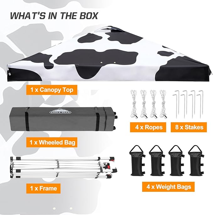 EAGLE PEAK Pop Up Canopy Tent with Wheeled Carry Bag, 8 Stakes, 4 Ropes, 4 Weight Bags, Easy Set Up Tent Canopy, 10x10 ft, 100sqft of Shade, Cow Print