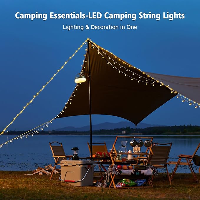 2PCS Camping String Lights 33ft, 4 in 1 Rechargeable 100LED Outdoor Tent String Lights with 14 Lighting Modes Remote Control Waterproof with Timer Function for Camping Gear Essentials Hiking Garden