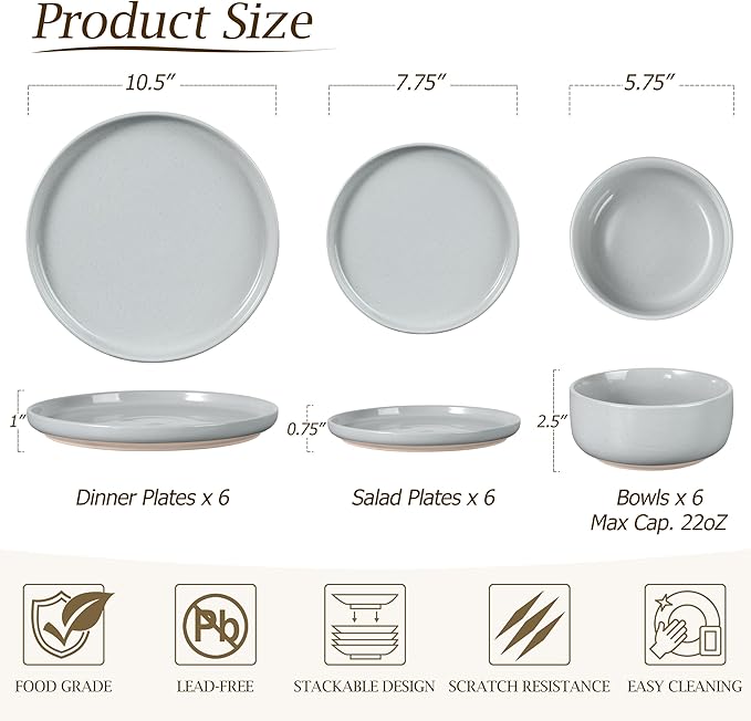 LIANYU Porcelain Dinnerware Set for 6, 18PCS Elegant Plates and Bowls Set with Stackable Design, Highly Chip and Scratch Resistant, Dishwasher Safe, Glacier Gray