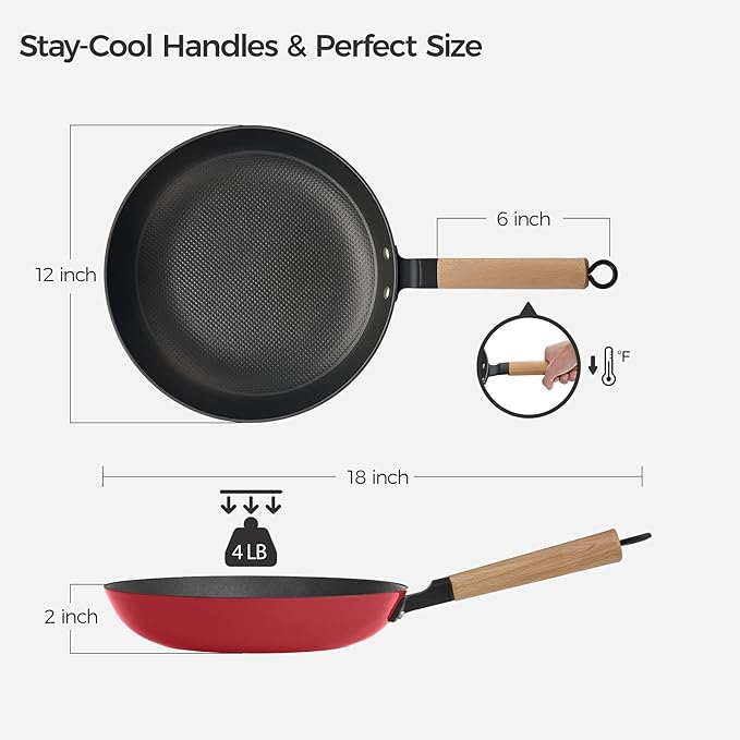 YUTANN 12" Pre-seasoned Cast Iron Skillet,Enameled Non-stick Frying Pan with Detachable Wooden Handle,Lightweight,Non-toxic,Dishwasher Oven Safe (500°F)