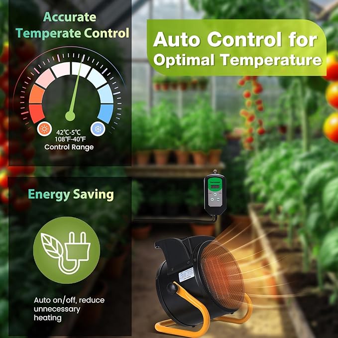 Greenhouse Heater with Thermostat, 1500W, Auto Temperature Control Kit with Digital Display, Fast Heating, Overheat Protection, for Grow Tent, Greenhouse, Flower Room, Patio, Winter Plants, YW