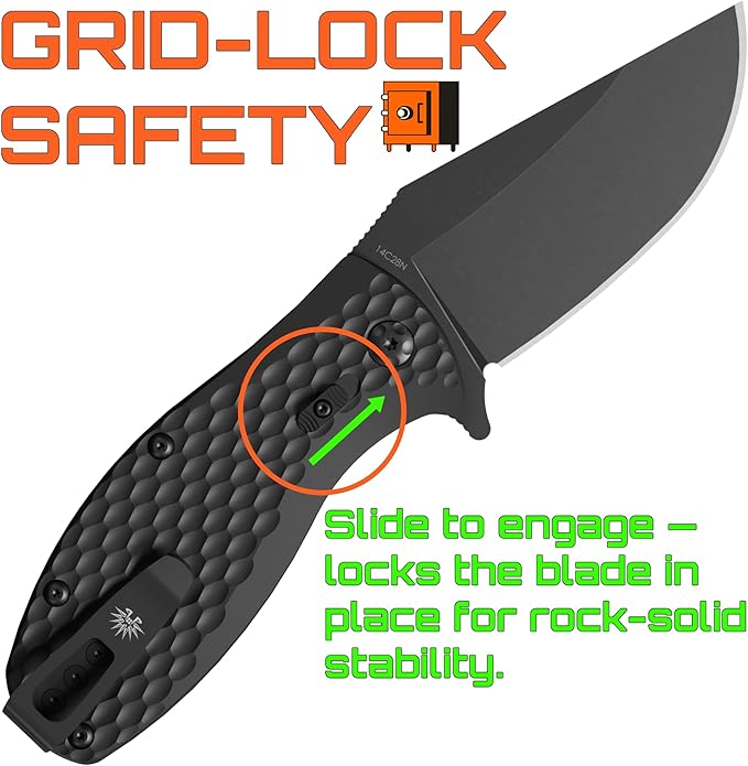 Off-Grid Knives - Badger EDC Folding Knife with Sandvik 14C28N Blade, Ball Bearing Pivot, G10 Scales, Grid-Lock, Ambidextrous Deep Carry Clip (Blackwash)