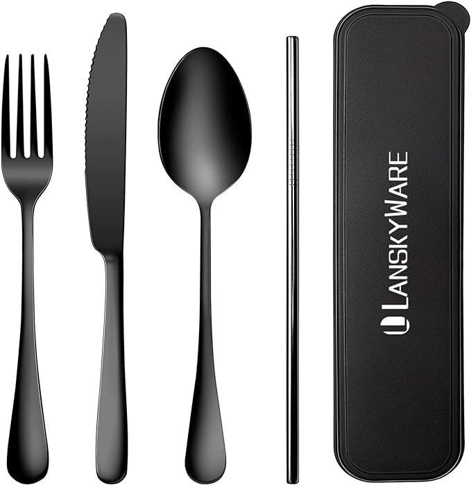 Portable Utensils Set with Case,Reusable Office Flatware Set,Healthy Travel Cutlery Set 4 PCs Stainless Steel Knife Fork Spoon Straw Cutlery Ideal for Travel, Lunch Box and Camping (Black-4 PCs)