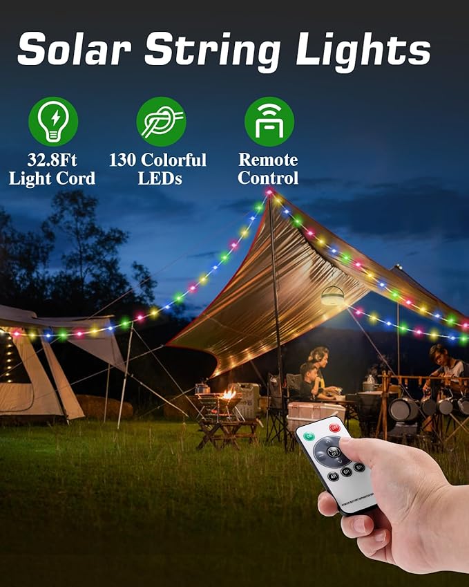 Anpro 4 in 1 Solar Camping String Lights, 32.8Ft Ultra Long Multi-Color LED String, 3600mAh Solar Powered and USB Rechargeable Light with Remote Control, Portable Camping Light for Hiking, Decoration