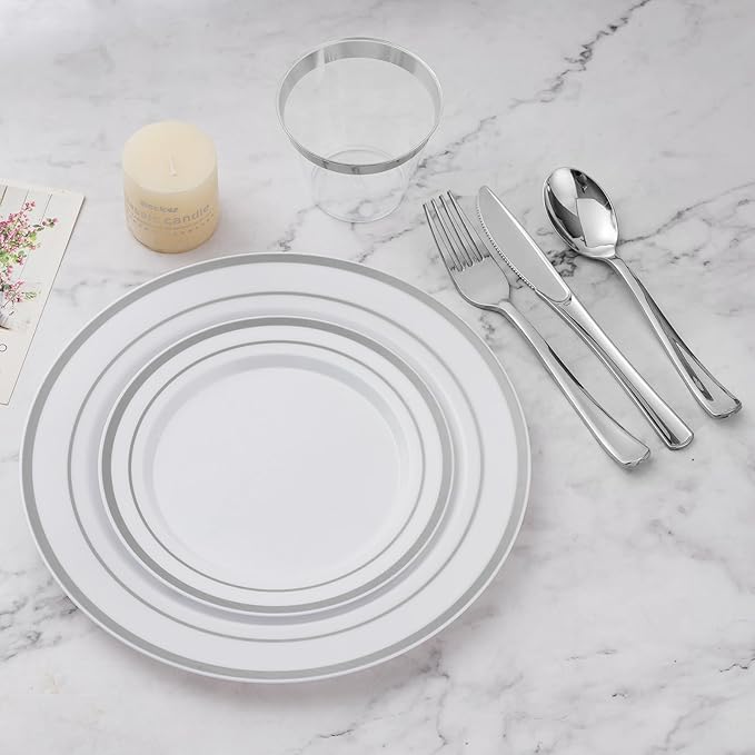 600PCS Silver Dinnerware Set for 100 Guests, Plastic Plates for Party, 100 Silver Disposable Plates, 100 Dessert Plates, 100 Cups, 100 Spoons, 100 Forks and 100 Knives