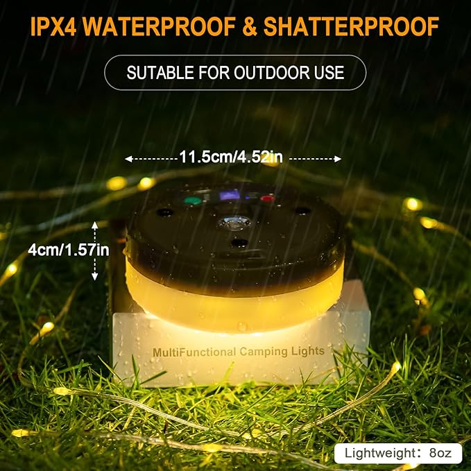 Camping String Lights, 4 in 1 Portable Camping Lights Rechargeable with 8 Lighting Modes, Remote Control, Quick Storage, 33FT Waterproof Tent Lights for Hiking, Yard, Party, Christmas Decor