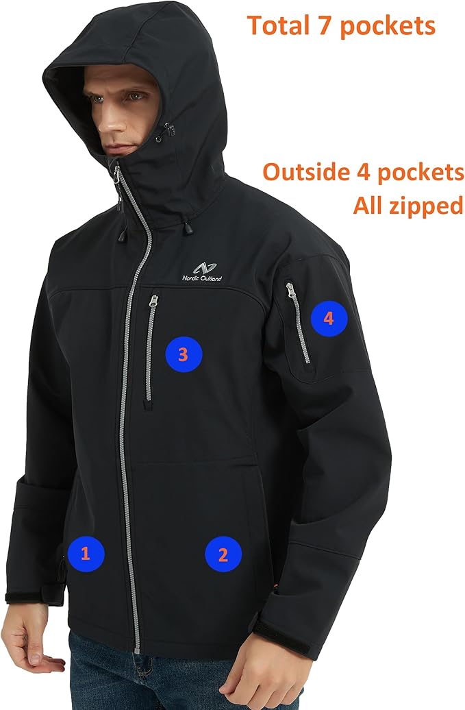 Men's Waterproof Softshell Rain Jacket, Hooded Windbreaker 7 Pockets, Lightweight Shell for Outdoor Activities