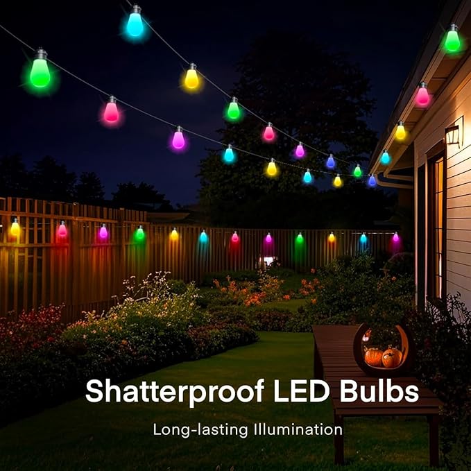 Honche Smart Outdoor String Lights, 36FT Outdoor Lights with 15 Dimmable RGB LED Bulbs, Color Changing 213 Scene Modes for Patio, Backyard, Garden,Balcony, Camping,Waterproof,Remote/APP Control,USB