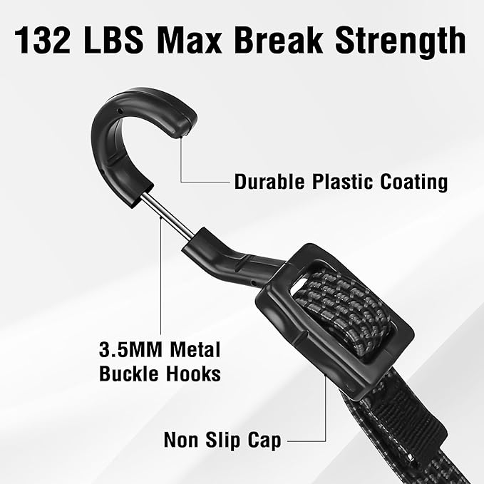 Bungee Cords, Flat Adjustable Bungee Cords with Hooks Heavy Duty 48 Inch, Elastic Rubber Black Bungee Straps with Buckle Hooks for Outdoor, Camping, Tarps, Bike Rack, Tent, Truck, 6 Pack