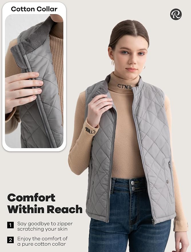 Women's Vest, Quilted Puffer Water-Resistant Zip With Pockets