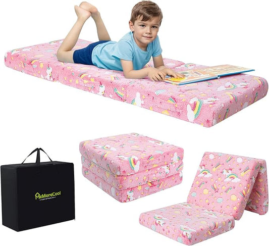 MeMoreCool Glow Pink Unicorn Foldable Floor Mattress for Kids, Trifold Nap Mat for Toddlers, Portable Daycare Sleeping Futon or Floor Bed, 57x22 Inch
