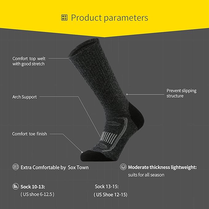 SOX TOWN Men's Merino Wool Cushion Crew Socks for Outdoor Hiking Hike Trail Performance Moisture Wicking Lightweight Summer