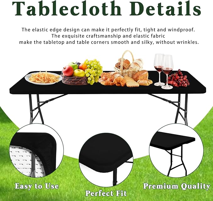 10 Pack Picnic Table Cover Fitted Tablecloth for 8 Foot Rectangle Tables Elastic Waterproof Stretch Washable Patio Folding Outdoor Spandex Table Cloth for Camping Banquet and Parties (Black,30" x 96")