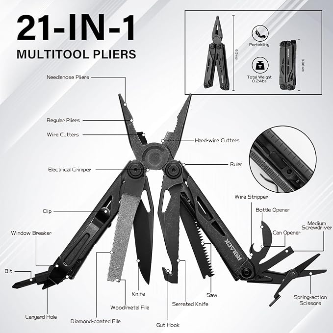 Multitool, 21-in-1 Multi Tool Pliers with Safety Locking and Spring-Action Scissors, Heavy-duty Stainless Steel Multi-tool Set with Nylon Sheath for Work, Home, Garden, DIY & Auto, Black