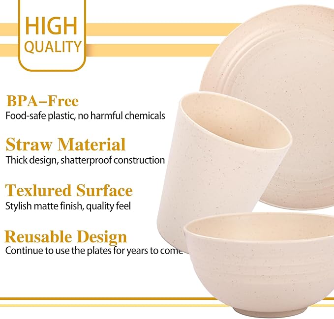 Supernal 16pcs Beige Kitchen Plastic Wheat Straw Dinnerware Sets - Plates and Bowls Sets, Unbreakable Dinnerware Set Dishwasher Safe Plates, Reusable Dish Set for Kitchen & Camping & Daily use
