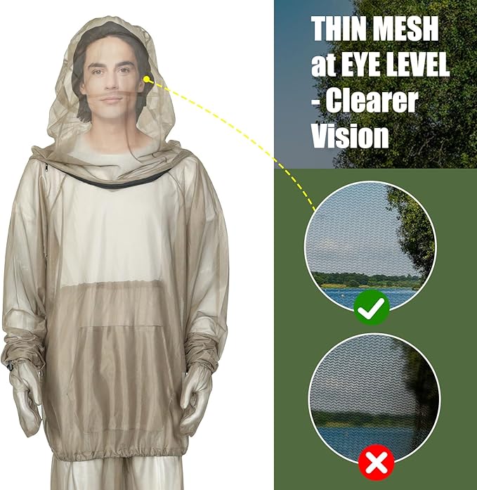 2-Piece Net Suit L/XL, Zippered Hood Jacket & Gloves Set, Thickened Breathable Mesh, Adjustable Fit for Upper Body Protection, Unisex Lightweight Outdoor Gear for Camping, Fishing, Hiking, Gardening