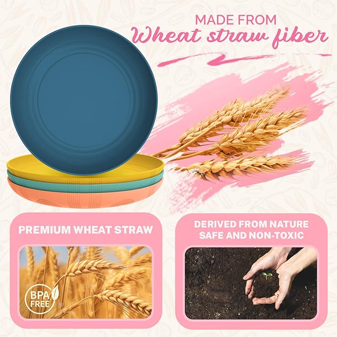Homienly Premium Wheat Straw Plates Unbreakable Deep Dinner Plate Set Alternative to Plastic Plates Reusable 9 Inch Dishwasher & Microwave Safe for Kitchen Plate 4 PCS - Multi Colors