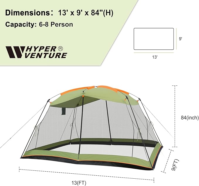 Hyper Venture Screen House 13x9 FT 4 Mesh Walls Canopy Tent Camping Gazebo Shelter for 6-8 People Outdoor Party Activities, Green