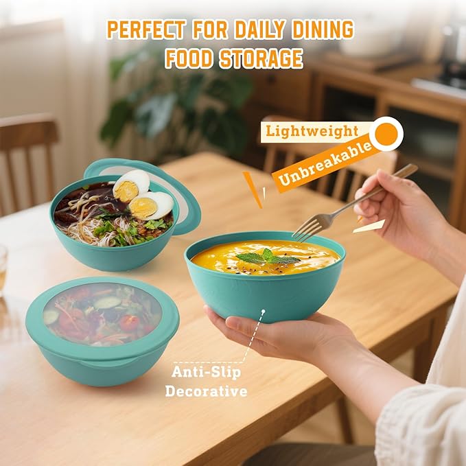 Homienly Bowls with Lids, Wheat Straw Bowl Set of 4-40 OZ Cereal Bowls and Silicone Edge Lids,Unbreakable Food Containers for Meal Prep, Salad, Lunch, Kitchen, Camping, Picnic, RV (4 Sets,Green)