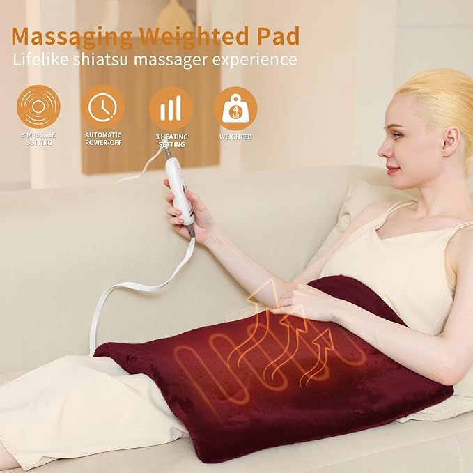 Massaging Weighted Heating Pad for Back Pain Relief,Heating Pads for Neck, Shoulder,Cramp,Portable Heated Pad with 3 Heat Settings & 6 Massage,18 Relaxing Combinations,Auto Off,12"*24",Wine Red