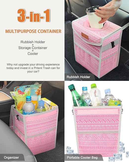 Car Trash Can with Lid, Cute Leakproof Car Trash Garbage Bag Hanging Vehicle Trash Bin Small Portable Automotive Garbage Cans Organizer for Back/Front Seat/Console(2.8 Gallons,Pink Print)