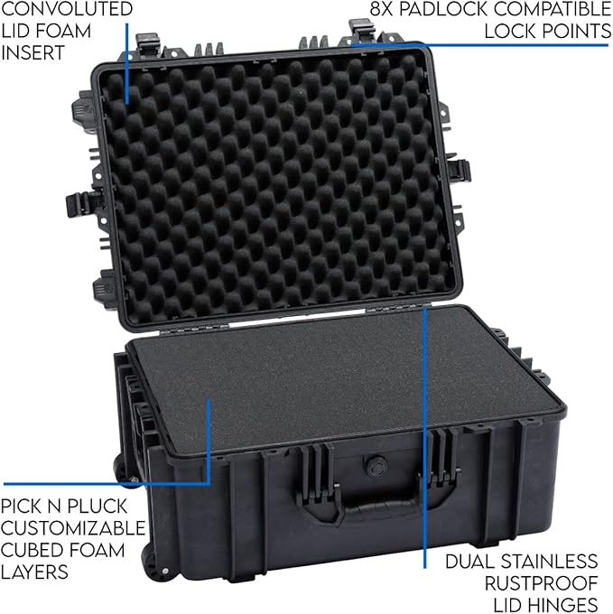 DCB Cases - Element 6104F | 24 x 19 x 11 Ext Dim | IP67 Waterproof | Pluck Foam Insert | Telescoping Handle | Rubberized Grips | Resin-Reinforced Injection Molded Plastic | 4 Latch Lid Close | Wheels