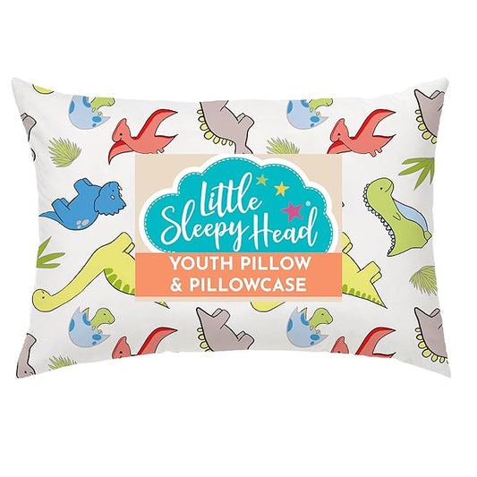 Little Sleepy Head Youth Pillow with Pillowcase 16x22, Soft Jumbo Toddler Pillow & Hypoallergenic Pillowcase - Best Kids Pillows for Sleeping, Perfect Kids Travel Pillow (Dinosaurs White)