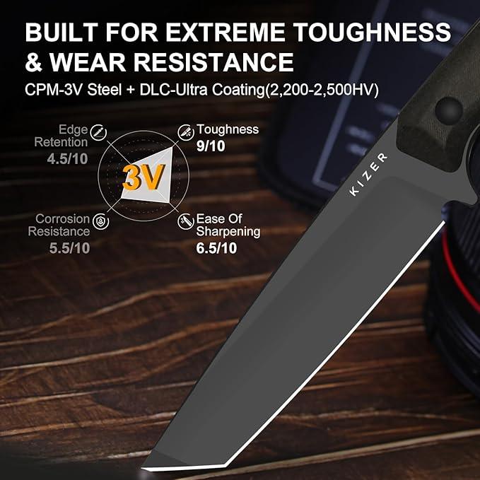 Kizer Begleiter Fix Fixed Blade Knife, 3.74" Tanto 3V Blade Hunting Knives with Kydex Sheath, Brown Richlite Handle EDC Knife for Camping Hunting Survival 1045MT1