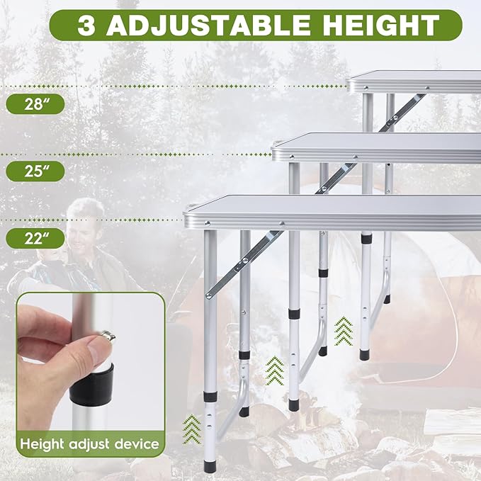 Outdoor Folding Camping Table with Storage Organizer, Portable Aluminum Composite Panel Lightweight Table, 3 Adjustable Height, for Indoor, BBQ, Party, Picnic, Hiking, Beach