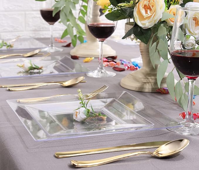 WDF 60PCS Clear Plastic Plates-9.5inch Square Disposable Plates - Premium Square Plastic Dinner Plates-Clear Dinner Plates Perfect for Wedding & Parties