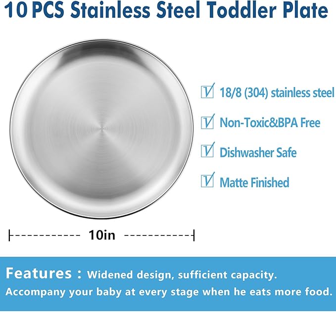 HaWare 10-Piece 18/8 Stainless Steel Plates, Metal 304 Dinner Dishes for Kids Toddlers Children, 10 Inches Feeding Serving Camping Plates, Reusable and Dishwasher Safe