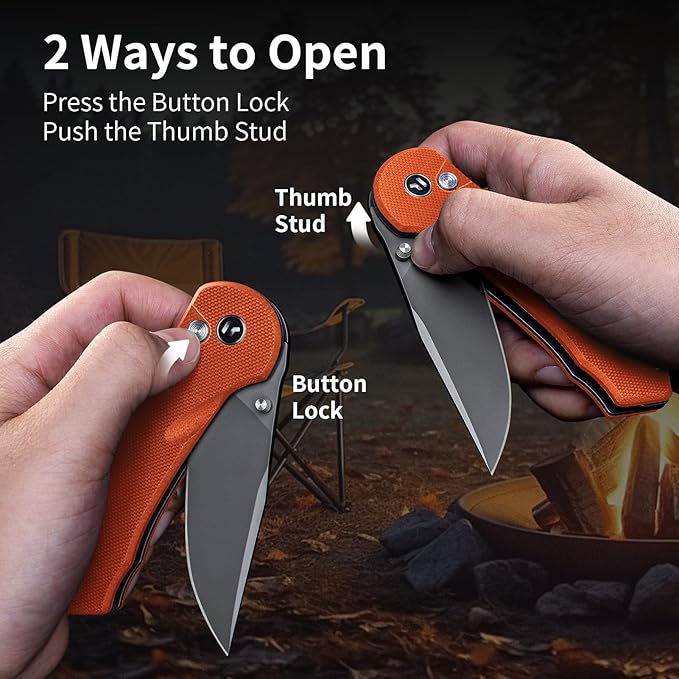 Button Lock Pocket Knife with 2.85 inch VG10 Steel Blade G10 Handle, Folding Knife for EDC, Orange