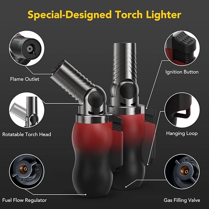 TBTeek Torch Lighter, Portable Kitchen Torch with 45° Rotatable Head and Adjustable Flame, Refillable Butane Torch Lighter for Soldering, Cooking, BBQ, Fireplaces, Red-Black (Gas Not Included)