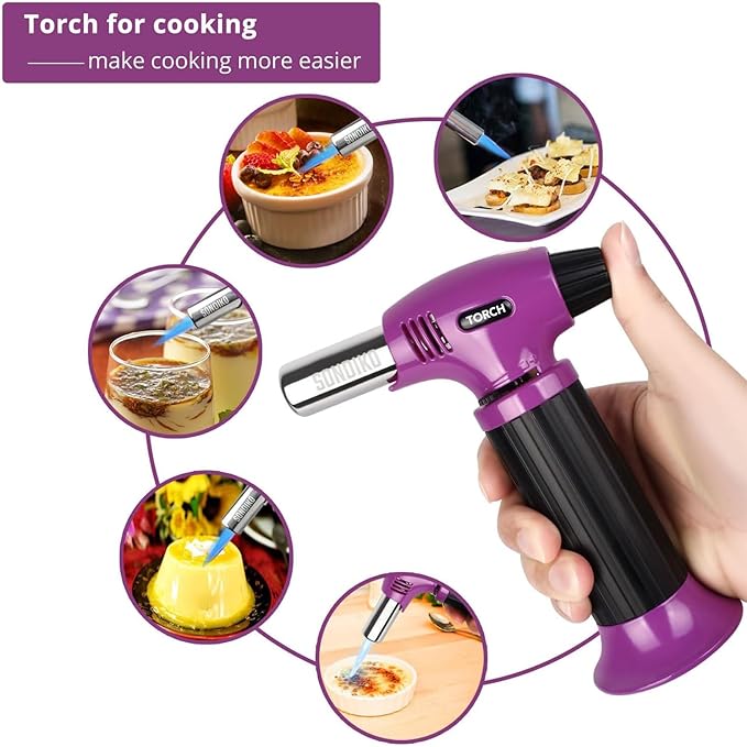 Sondiko Butane Torch Lighter, Refillable Kitchen Torch with Safety Lock and Adjustable Flame for Desserts, Creme Brulee, and Baking, Pink&Black