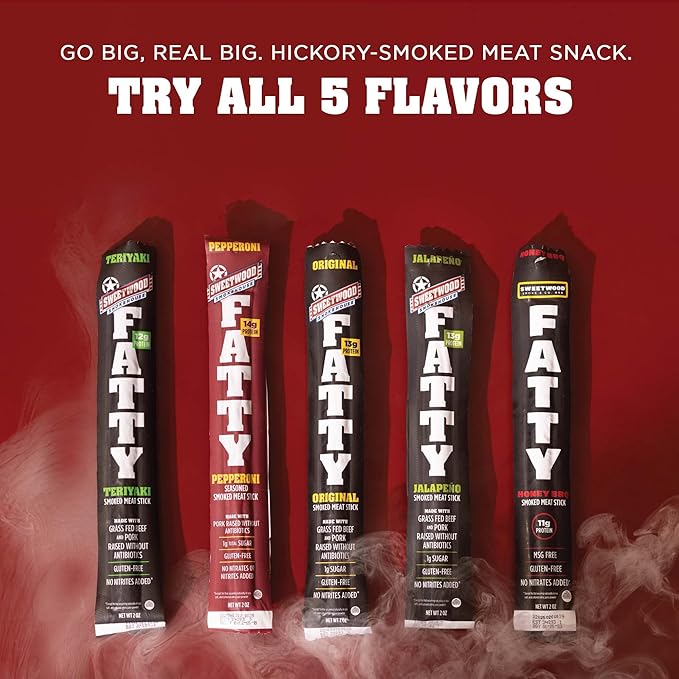 FATTY Meat Sticks, Made with Grass Fed Beef, Pork Raised Without Antibiotics, 12g Protein Per Stick, Teriyaki, 2 oz. (Pack of 20)