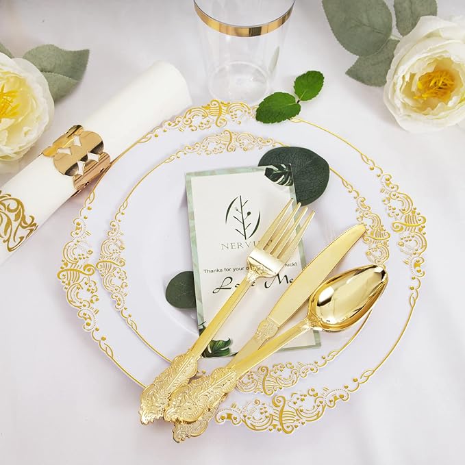 Nervure 175PCS White and Gold Plastic Plates - Disposable Dinnerware Set Include 50 Gold Plates for Dinner and Dessert, 75 Cutlery, 25Cups 25Napkins for Wedding & Party & Thanksgiving