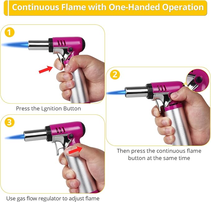 TBTEEK Butane Torch with Fuel Gauge T907, One-hand Operation Kitchen Torch Lighter with Adjustable Flame for BBQ, Baking, Brulee Creme, Crafts and Soldering(Butane Gas Not Included), Pink