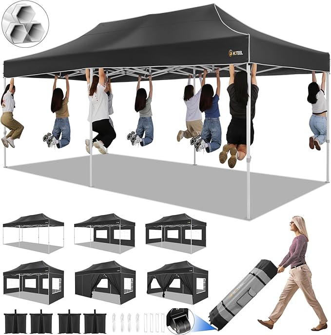 HOTEEL 10x20 Pop up Canopy Tent for Parties, Heavy Duty Easy Setup Tent with 6 Sidewalls, Outdoor Commercial Instant Gazebo for Wedding Event, with Roller Bag & Sand Bags, Black(Hexagonal Frame)