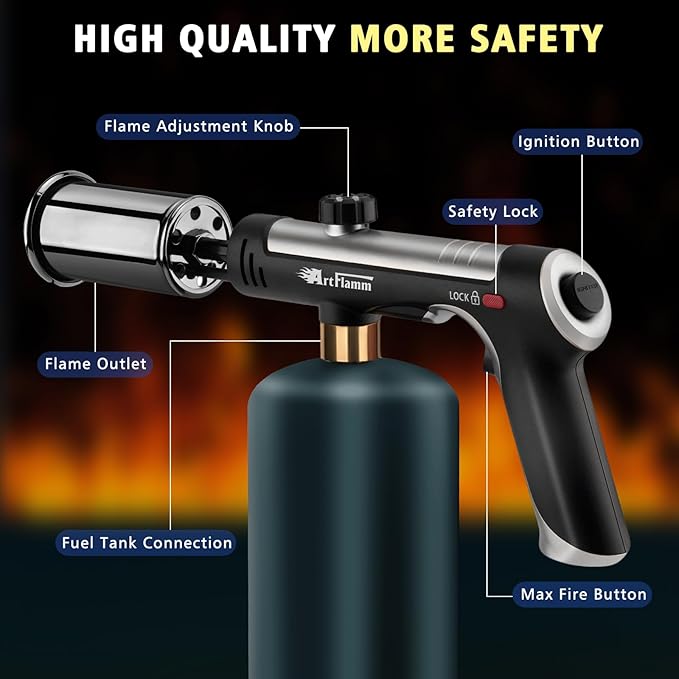 Powerful Propane Torch Gun, Flamethrower with Turbo Mode, Charcoal Torch Lighter with Safety Lock, Kitchen Blow Torch for Cooking, BBQ, Searing Steak, Grill(Tank Not Included)