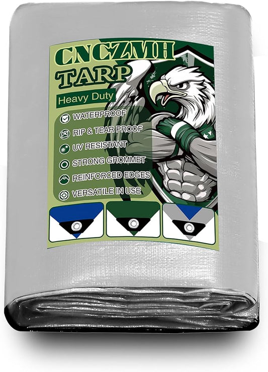 Heavy Duty Tarp Waterproof, 10 Mil Thick 18x24 Feet Finished Size Tarps Outdoor, Multipurpose Tarpaulin, Large Tarp for Emergency Rain Shelter Camping (Silver/Blue, 18x24ft)