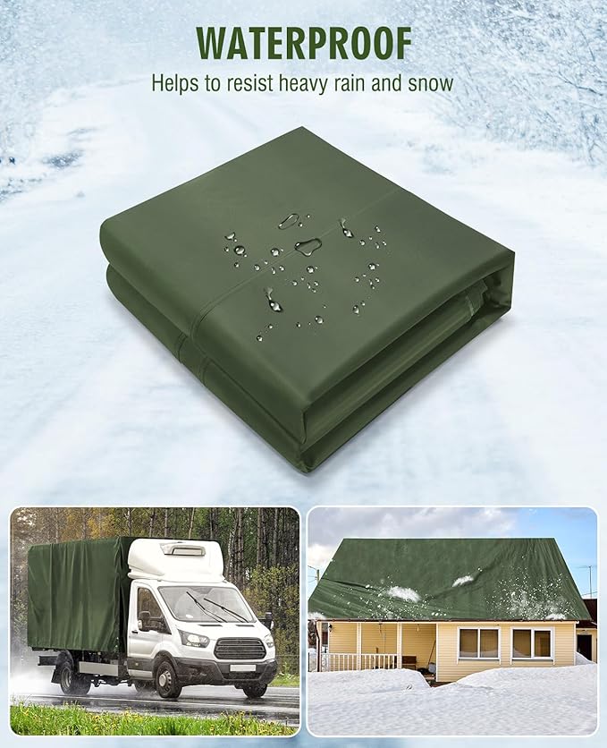 HIRALIY 20 Mil Heavy Duty Waterproof Tarp, 20x20ft Green Tarpaulin with Reinforced Webbing Loops, Multipurpose Oxford Canvas Tarp for Firewood, Roof, Camping, Pool