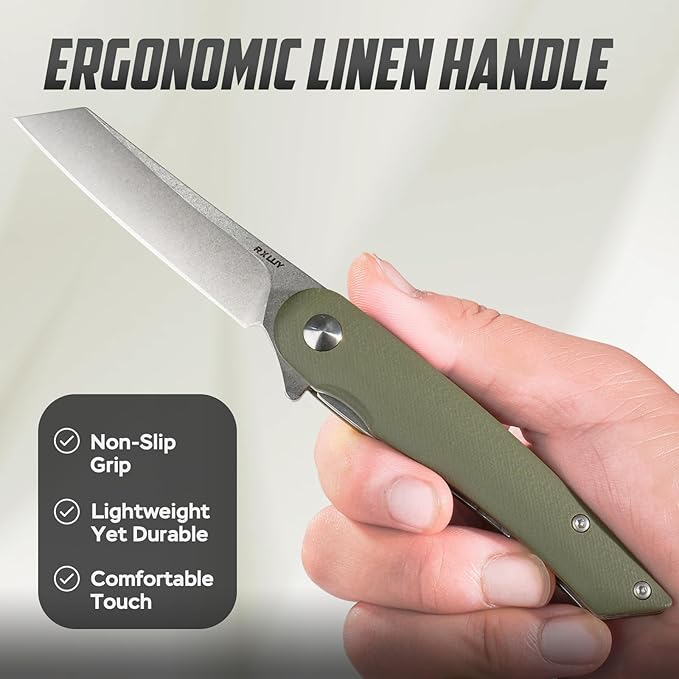 Folding Pocket Knife, 2.79” 14C28N Steel Blade Micarta Handle Flipper Liner Lock Small Praxis EDC Folding Knife, Sharp Camping Outdoor Survival Knives for Men Women (Green)
