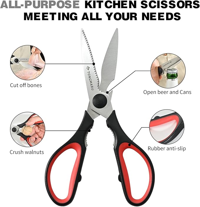 Kitchen Cooking Shears Heavy Duty Kitchen Scissor with, Detachable, All Purpose Scissors, Dishwasher Safe Scissors, Serrated Blades, Nutcracker and Bottle Opener function included (2 Pack)